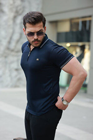 Erkek Yaka Ve Kolları çizgi Detaylı Fermuar Yakalı Kısa Kollu Tişört