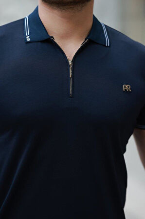 Erkek Yaka Ve Kolları çizgi Detaylı Fermuar Yakalı Kısa Kollu Tişört