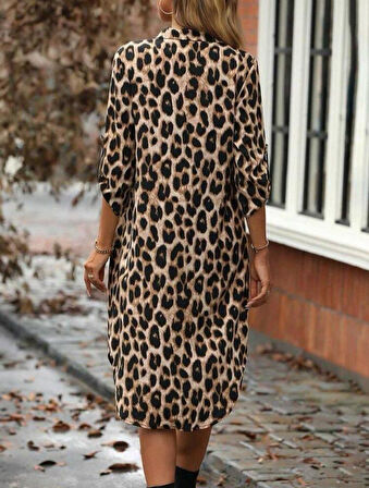 Kadın Leopar Desenli Cep Detay Kolu Manşetli Moskrep Gömlek Elbise