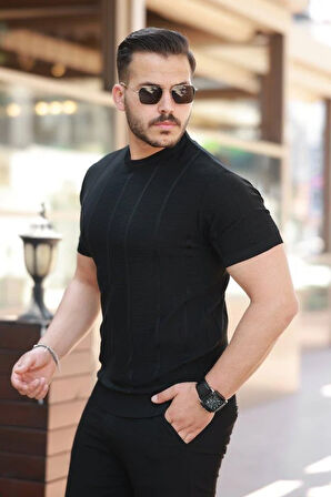 Erkek Desenli çizgi Kabartmalı Kısa Kollu Tişört