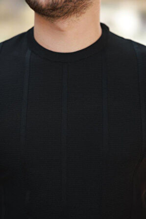 Erkek Desenli çizgi Kabartmalı Kısa Kollu Tişört