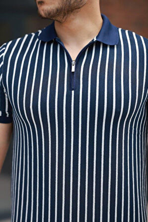 Erkek çizgili Fermuar Yakalı Kısa Kollu Tişört