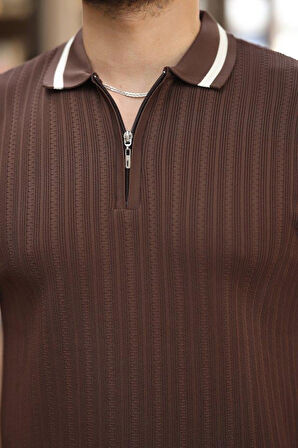 Erkek Yaka Ve Kolları çizgi Detaylı Fermuarlı Kısa Kollu T-shirt