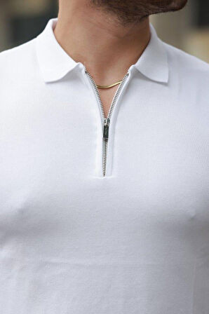 Erkek Fermuar Yakalı Kolları Desenli Kısa Kollu Tişört