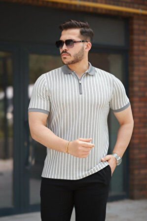 Erkek çizgili Fermuar Yakalı Kısa Kollu Tişört