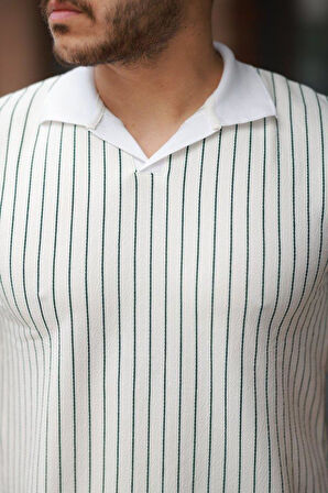 Erkek Yakalı çizgi Desenli Kısa Kollu Tişört