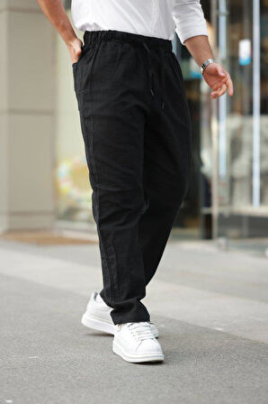 Erkek Beli Lastikli Keten Rahat Pantolon