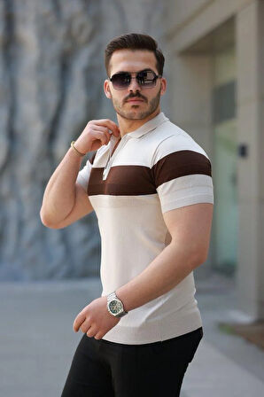 Erkek Fermuar Yakalı şerit Renk Desenli Kısa Kollu Tişört