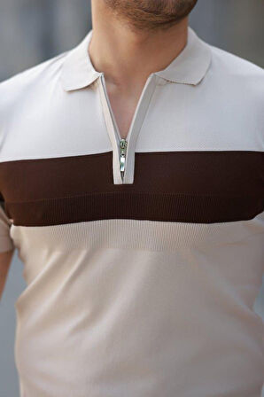 Erkek Fermuar Yakalı şerit Renk Desenli Kısa Kollu Tişört