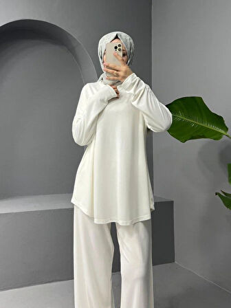 Yuvarlak Yaka Oval Kesim Cepli Pantolonlu Osyho Takım -Beyaz