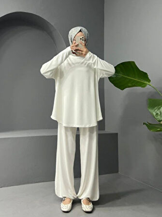 Yuvarlak Yaka Oval Kesim Cepli Pantolonlu Osyho Takım -Beyaz