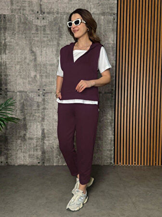 Kadın Kısa Kollu V Yakalı Kapşonlu Viskon Iki Iplik Bluz Ve Pantolon Takım