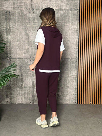 Kadın Kısa Kollu V Yakalı Kapşonlu Viskon Iki Iplik Bluz Ve Pantolon Takım