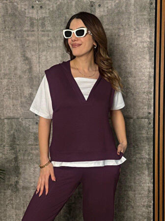 Kadın Kısa Kollu V Yakalı Kapşonlu Viskon Iki Iplik Bluz Ve Pantolon Takım