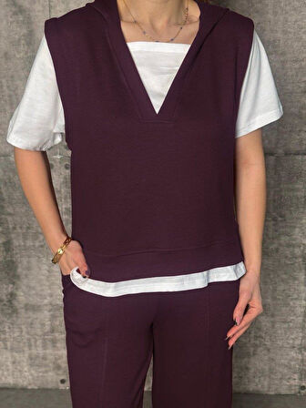 Kadın Kısa Kollu V Yakalı Kapşonlu Viskon Iki Iplik Bluz Ve Pantolon Takım