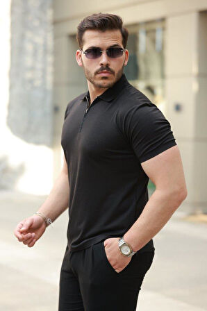 Erkek Deri Panel Detaylı Fermuar Yakalı Kısa Kollu Tişört