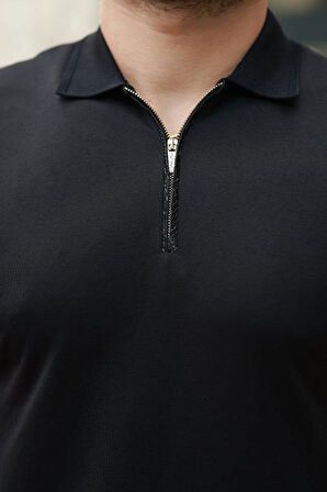 Erkek Deri Panel Detaylı Fermuar Yakalı Kısa Kollu Tişört