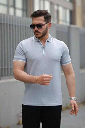 Erkek Fermuar Yakalı çizgi Detaylı Kısa Kollu Tişört