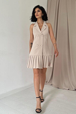 Bej Sırtı Açık Ceket Yakalı Elbise