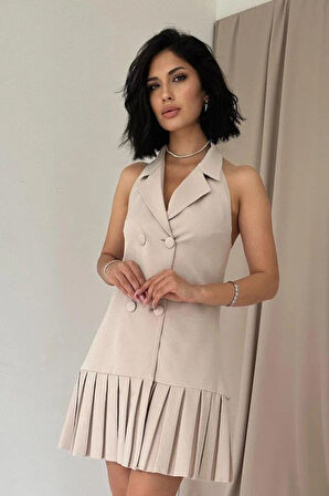 Bej Sırtı Açık Ceket Yakalı Elbise