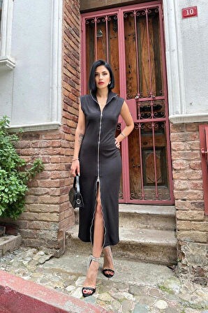 Siyah Boydan Fermuarlı Kolsuz Elbise