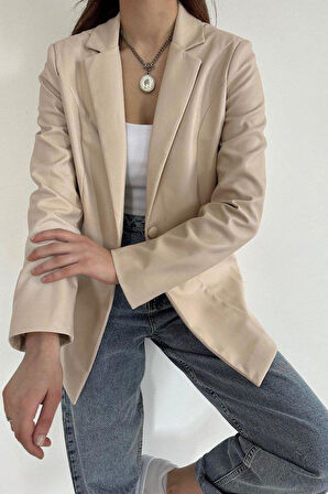 Bej Düğmeli Deri Ceket