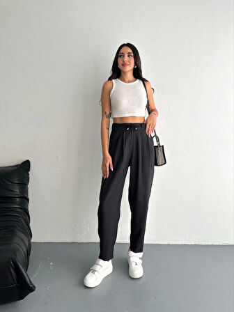 Yüksel Bel Rahat Paça Pantalon - Siyah