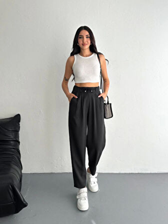Yüksel Bel Rahat Paça Pantalon - Siyah