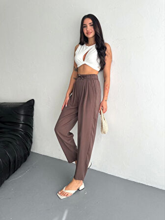 Yüksel Bel Rahat Paça Pantalon - Kahverengi