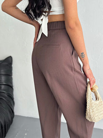 Yüksel Bel Rahat Paça Pantalon - Kahverengi