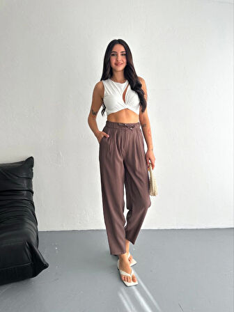 Yüksel Bel Rahat Paça Pantalon - Kahverengi