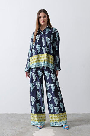 Desenli Saten Bol Takım - İndigo