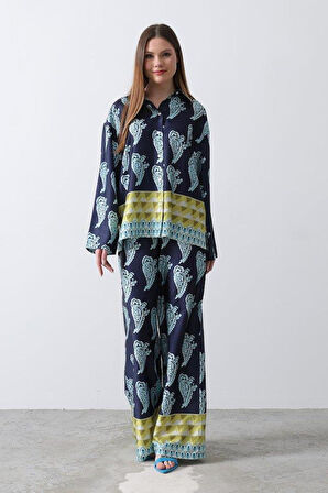 Desenli Saten Bol Takım - İndigo