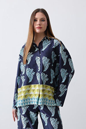 Desenli Saten Bol Takım - İndigo