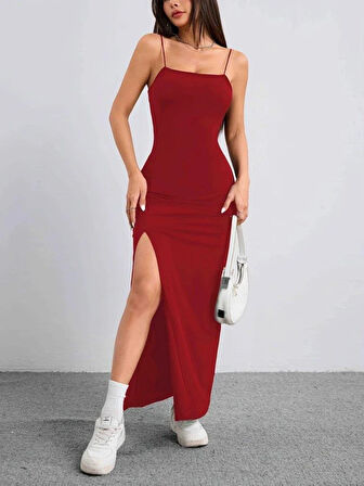 Kadın Ip Askılı Yandan Yırtmaçlı Janjan Krep Elbise