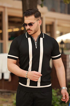 Erkek Fermuar Yakalı şerit Detaylı Kısa Kollu Tişört