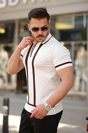 Erkek Fermuar Yakalı şerit Detaylı Kısa Kollu Tişört