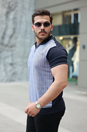 Erkek Fermuar Yakalı çizgili Kısa Kollu Tişört