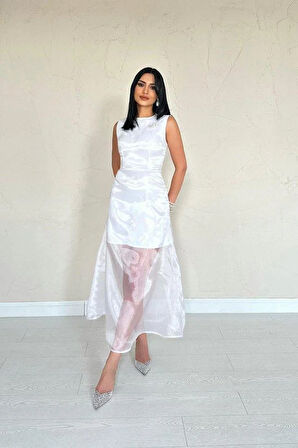 Beyaz Organze Detaylı Atlas Elbise