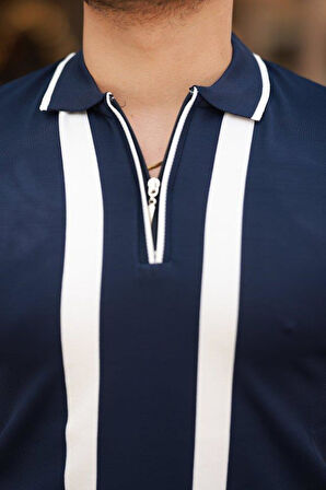 Erkek Fermuar Yakalı şerit Detaylı Kısa Kollu Tişört