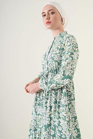 2144 Hakim Yaka Tesettür Elbise - Çağla