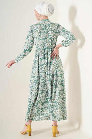 2144 Hakim Yaka Tesettür Elbise - Çağla