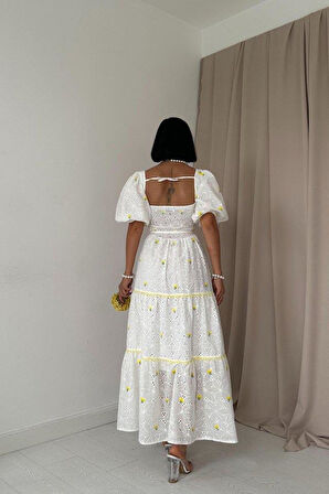 Sarı Dantel Detaylı Brode Elbise