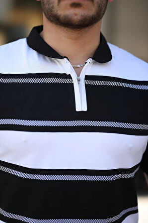Erkek Yakalı Fermuarlı çift Renk Kısa Kollu T-shirt