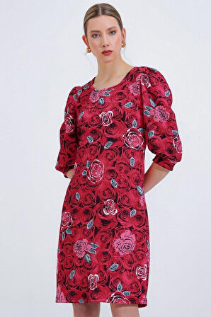 Bordo Gül Desenli Midi Elbise 2477