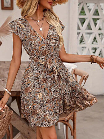 Kadın Kısa Fırfır Kollu V Yakalı Belden Kuşaklı Desenli Süprem Elbise