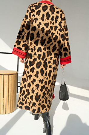 Uzun Leopar Hırka - Camel-Kırmızı