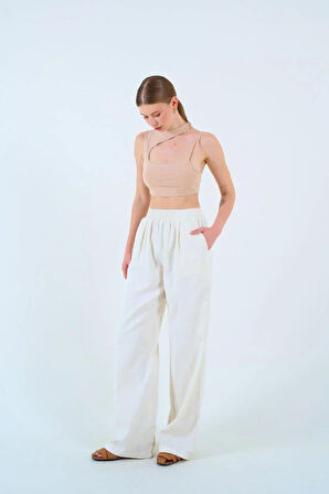 Beli Lastikli Palazo Pantolon - Taş