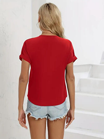 Kadın Kısa Kollu V Yaka Fermuarlı Salaş Sandy Bluz