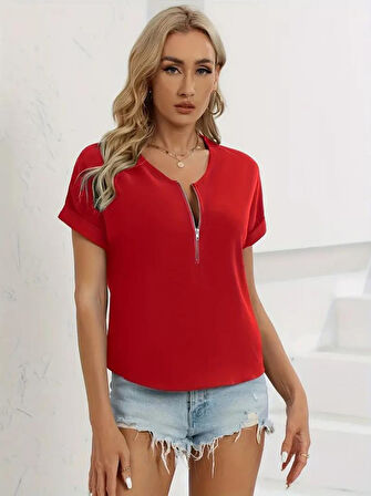 Kadın Kısa Kollu V Yaka Fermuarlı Salaş Sandy Bluz